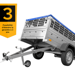 Remorque grillagée 200×106 avec bâche plate bleue, ridelles grillagées et roue jockey – Garden Trailer 200 KIPP